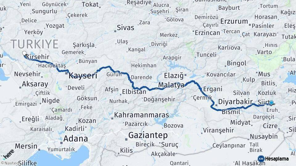 Siirt Kırşehir Arası Kaç Km - Yol Haritası