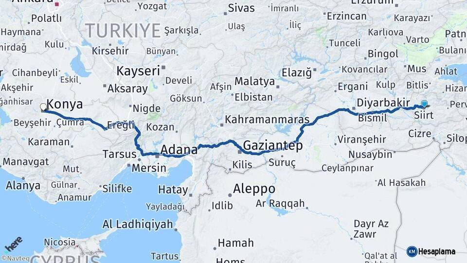 Siirt Konya Arası Kaç Km - Yol Haritası