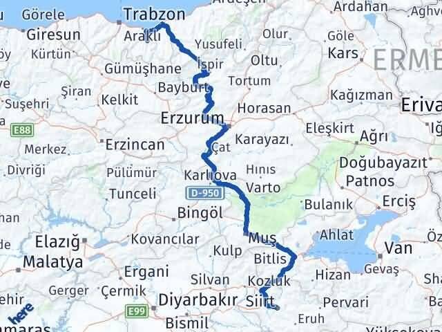 Siirt Köprübaşı Trabzon Arası Kaç Km - Yol Haritası