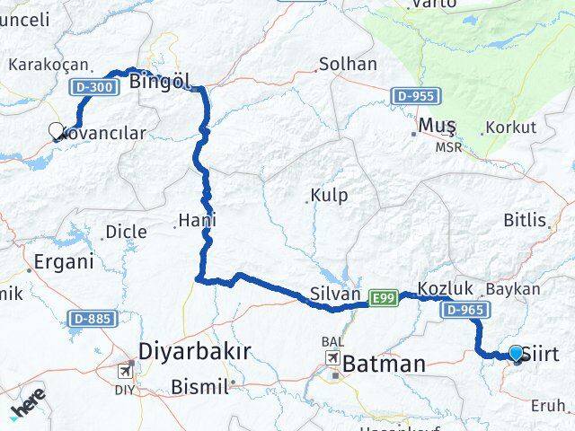 Siirt Kovancılar Elazığ Arası Kaç Km - Yol Haritası