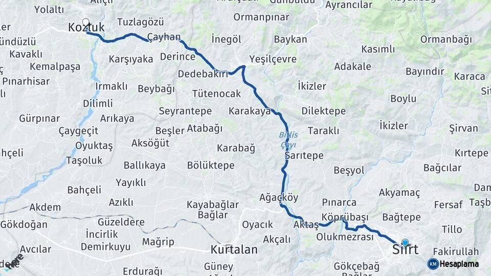 Siirt Kozluk Batman Arası Kaç Km - Yol Haritası