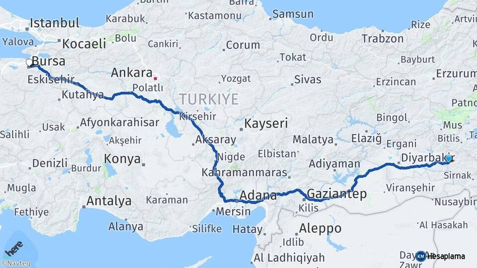 Siirt Kurtalan Bursa Arası Kaç Km - Yol Haritası