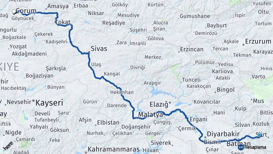 Siirt Kurtalan Çorum Arası Kaç Km - Yol Haritası
