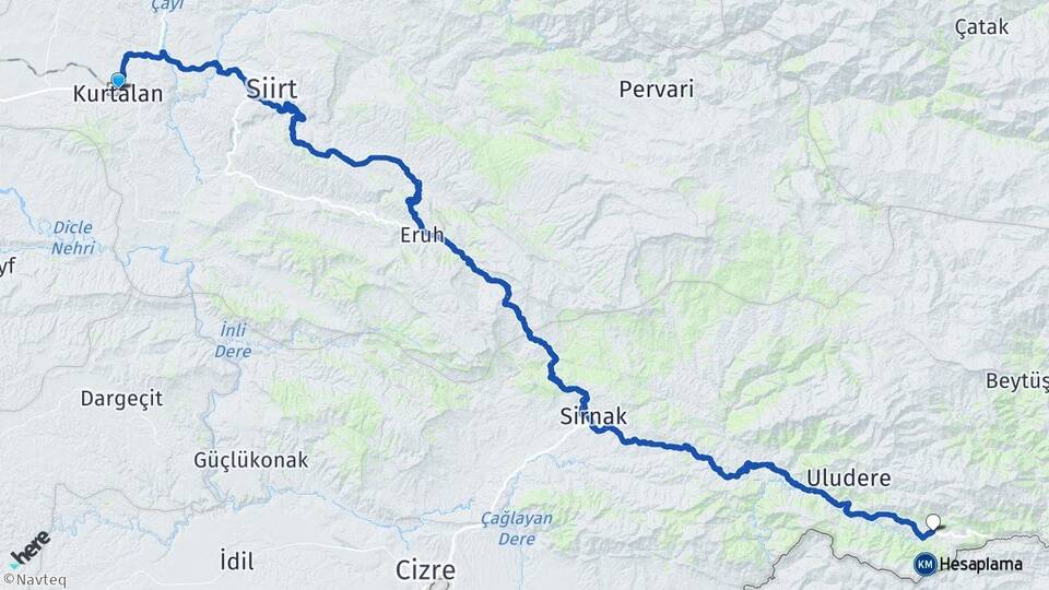 Siirt Kurtalan Gülyazı Uludere Şırnak Arası Kaç Km - Yol Haritası