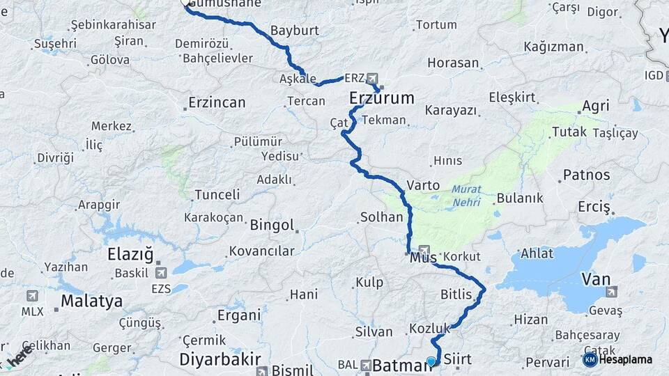 Siirt Kurtalan Gümüşhane Arası Kaç Km - Yol Haritası