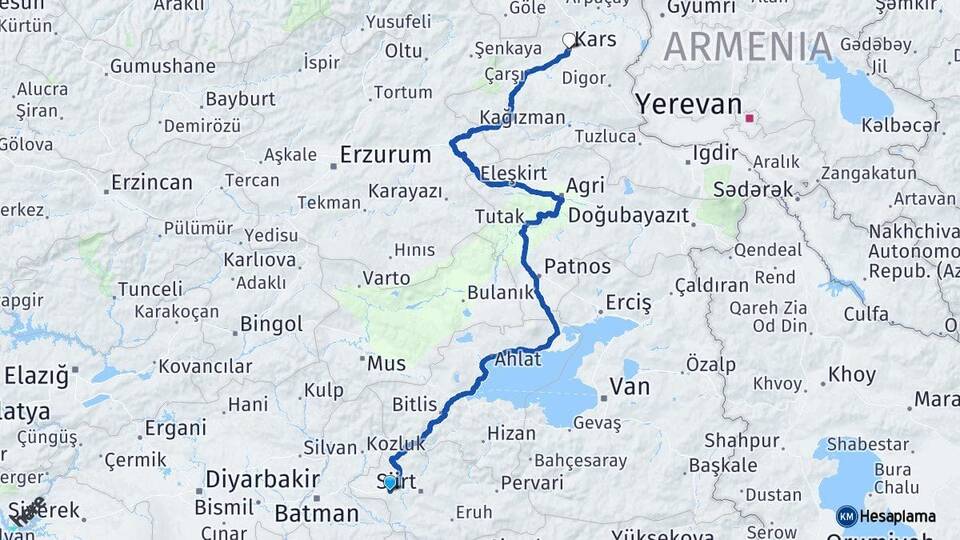 Siirt Kurtalan Kars Arası Kaç Km - Yol Haritası