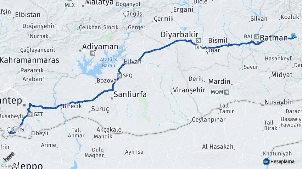 Siirt Kurtalan Kilis Arası Kaç Km - Yol Haritası