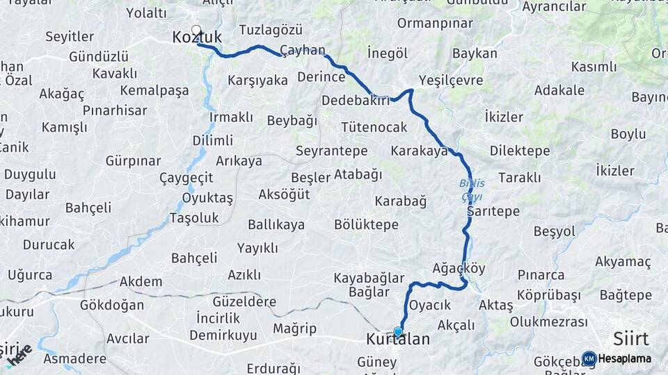 Siirt Kurtalan Kozluk Batman Arası Kaç Km - Yol Haritası