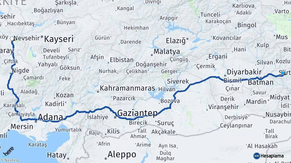 Siirt Kurtalan Nevşehir Arası Kaç Km - Yol Haritası