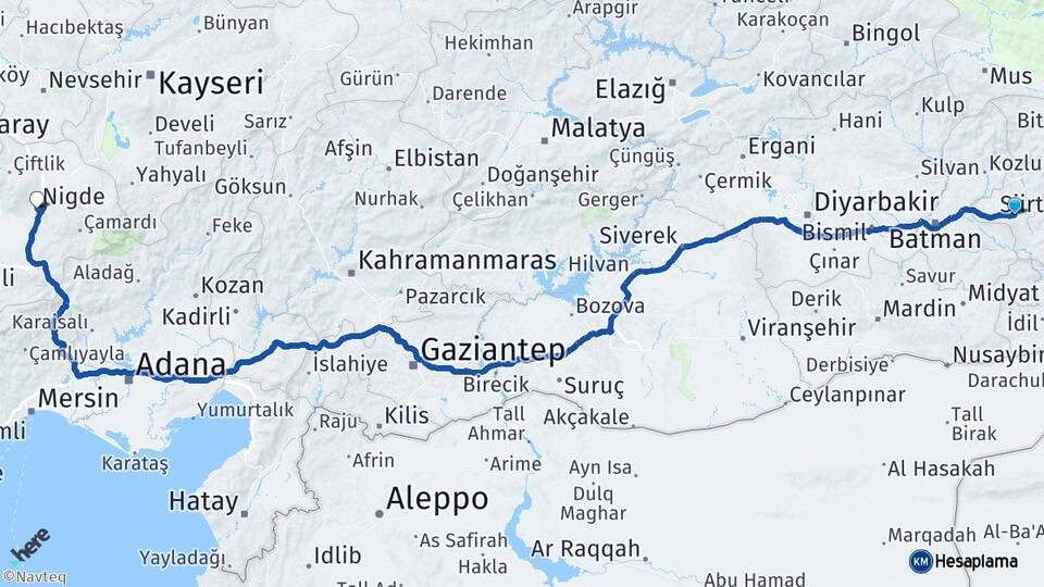 Siirt Kurtalan Niğde Arası Kaç Km - Yol Haritası