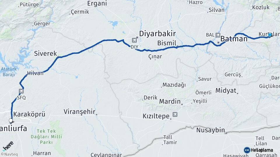 Siirt Kurtalan Şanlıurfa Arası Kaç Km - Yol Haritası
