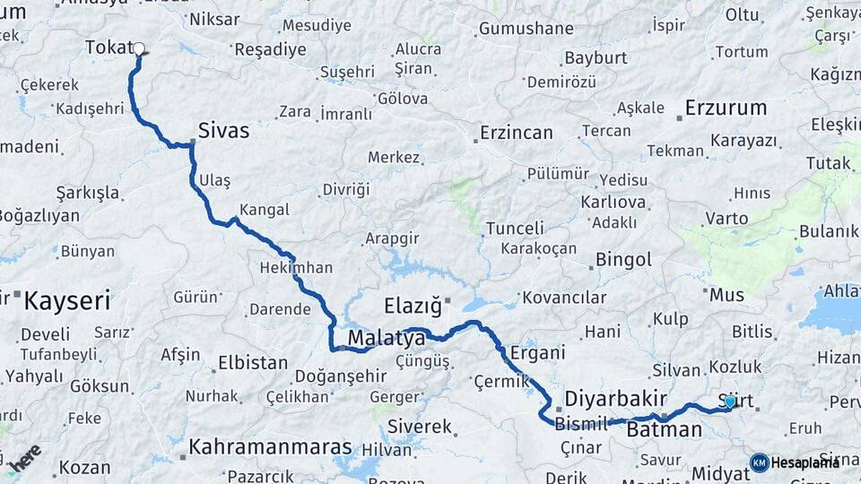 Siirt Kurtalan Tokat Arası Kaç Km - Yol Haritası
