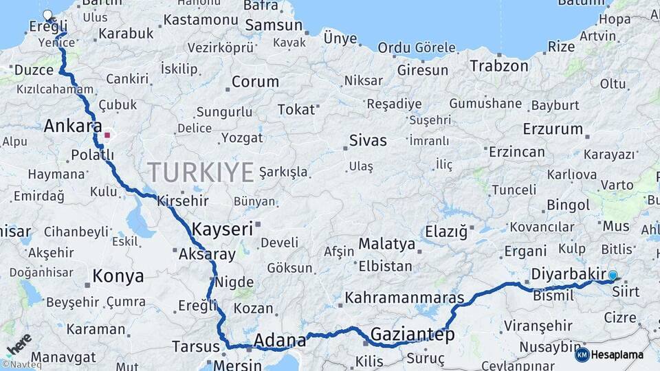 Siirt Kurtalan Zonguldak Arası Kaç Km - Yol Haritası