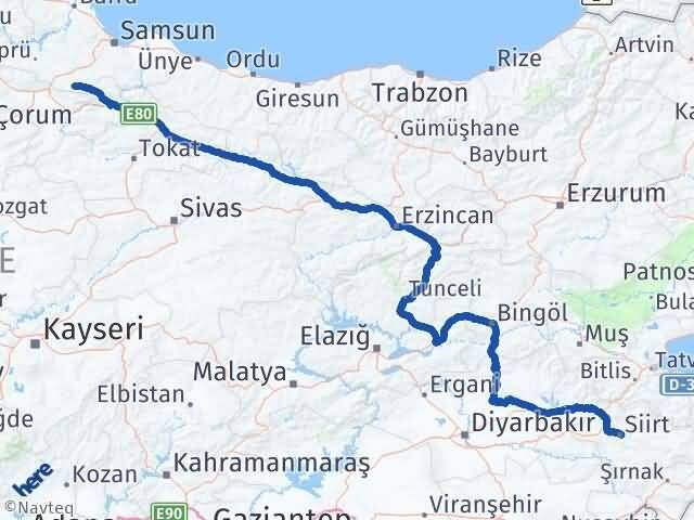 Siirt Ladik Samsun Arası Kaç Km - Yol Haritası