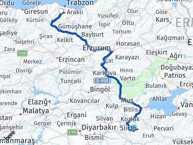 Siirt Maçka Trabzon Arası Kaç Km - Yol Haritası