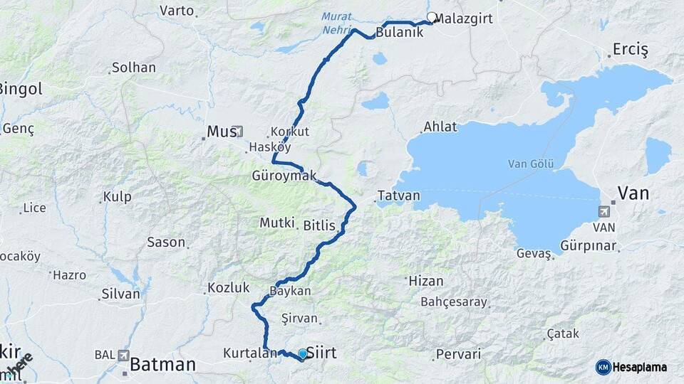 Siirt Malazgirt Muş Arası Kaç Km - Yol Haritası