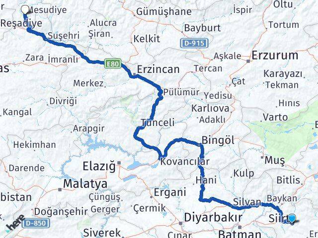 Siirt Mesudiye Ordu Arası Kaç Km - Yol Haritası