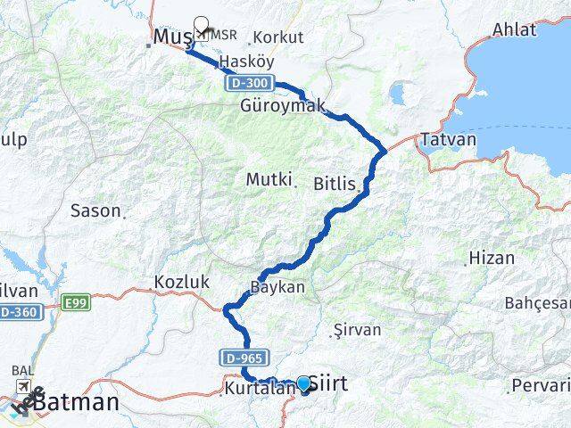 Siirt Muş Havalimanı Arası Kaç Km - Yol Haritası