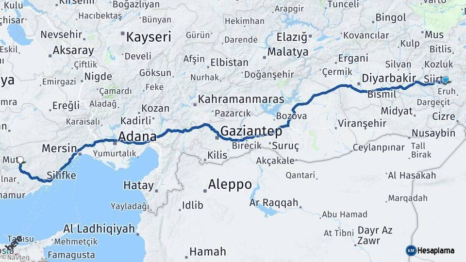 Siirt Mut Mersin Arası Kaç Km - Yol Haritası