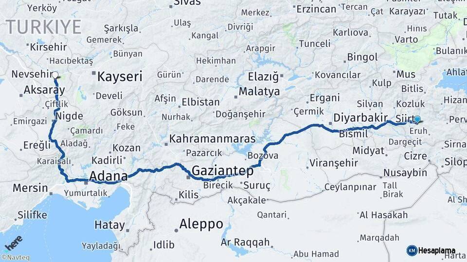 Siirt Nevşehir Arası Kaç Km - Yol Haritası