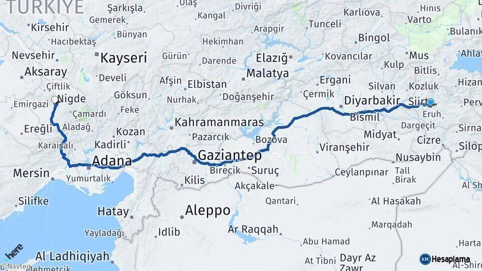 Siirt Niğde Arası Kaç Km - Yol Haritası