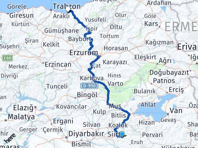 Siirt Of Trabzon Arası Kaç Km - Yol Haritası