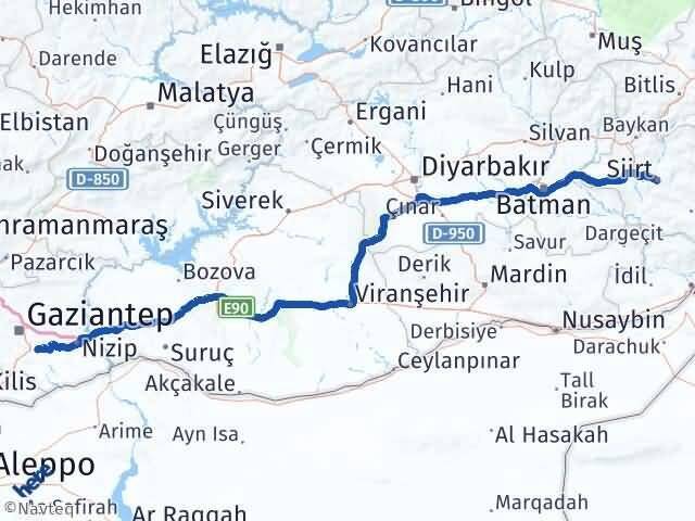 Siirt Oğuzeli Gaziantep Arası Kaç Km - Yol Haritası