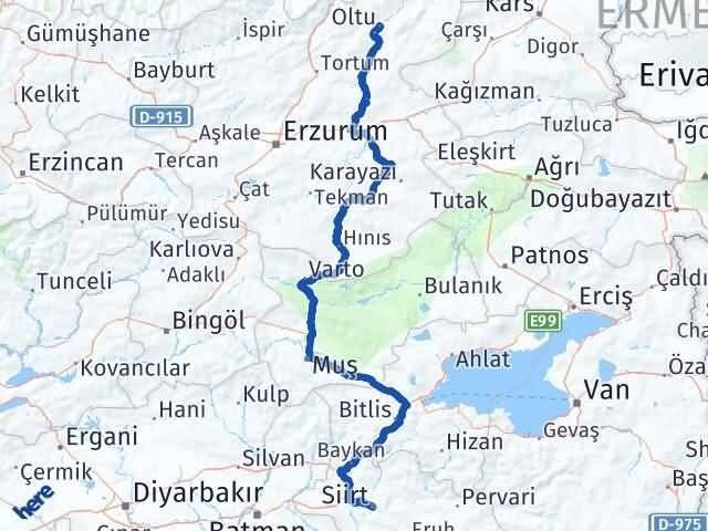 Siirt Oltu Erzurum Arası Kaç Km - Yol Haritası