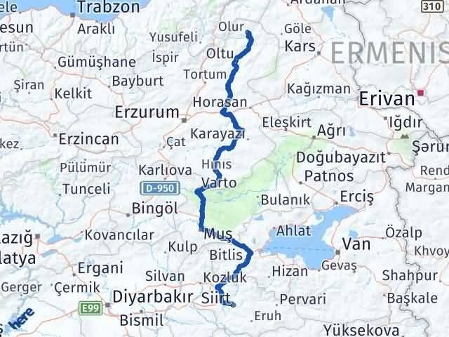 Siirt Olur Erzurum Arası Kaç Km - Yol Haritası