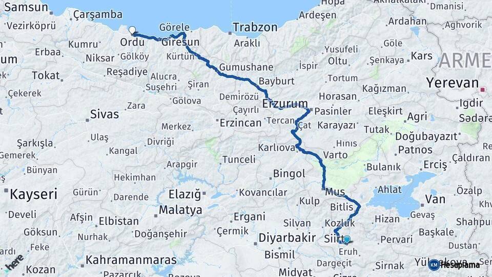 Siirt Ordu Arası Kaç Km - Yol Haritası