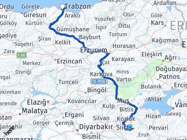 Siirt Ortahisar Trabzon Arası Kaç Km - Yol Haritası