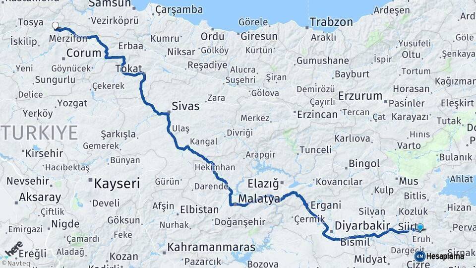 Siirt Osmancık Çorum Arası Kaç Km - Yol Haritası