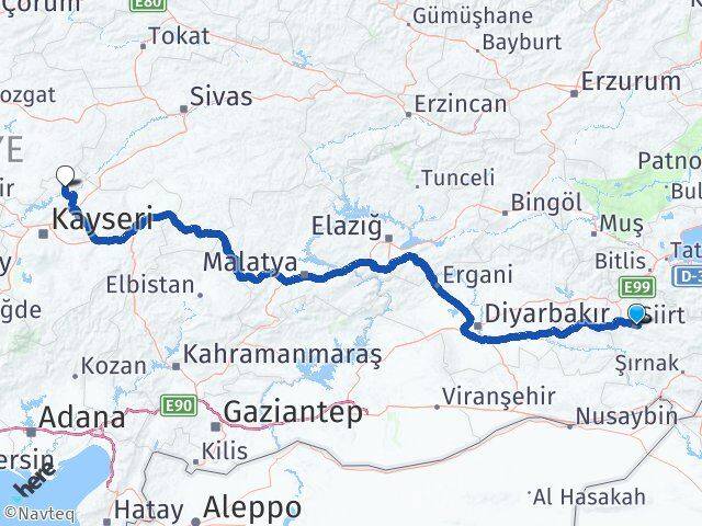Siirt Özvatan Kayseri Arası Kaç Km - Yol Haritası