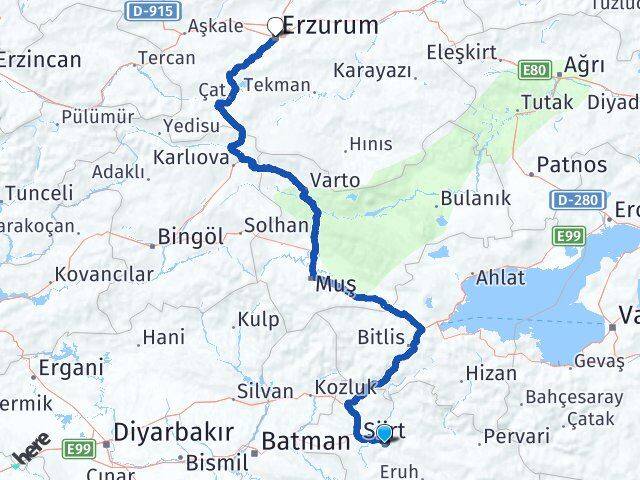 Siirt Palandöken Erzurum Arası Kaç Km - Yol Haritası