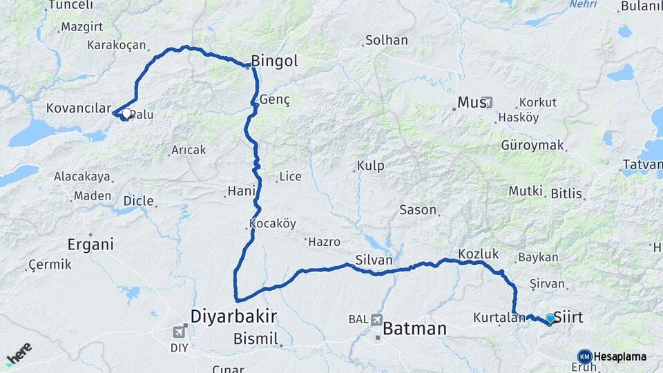 Siirt Palu Elazığ Arası Kaç Km - Yol Haritası