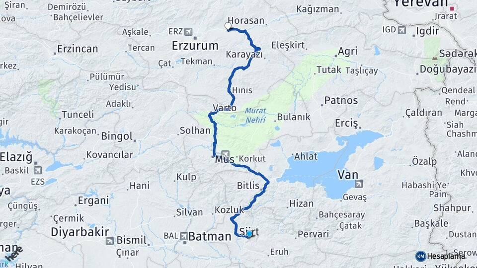 Siirt Pasinler Erzurum Arası Kaç Km - Yol Haritası