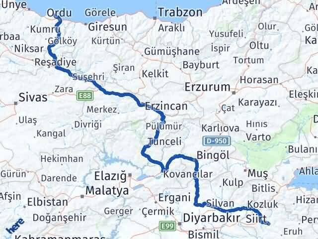Siirt Perşembe Ordu Arası Kaç Km - Yol Haritası