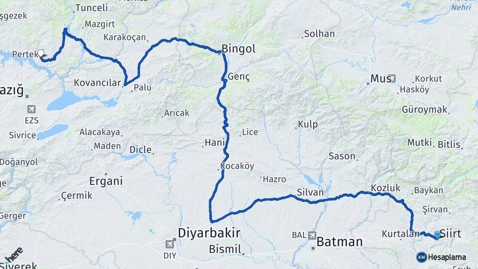Siirt Pertek Tunceli Arası Kaç Km - Yol Haritası