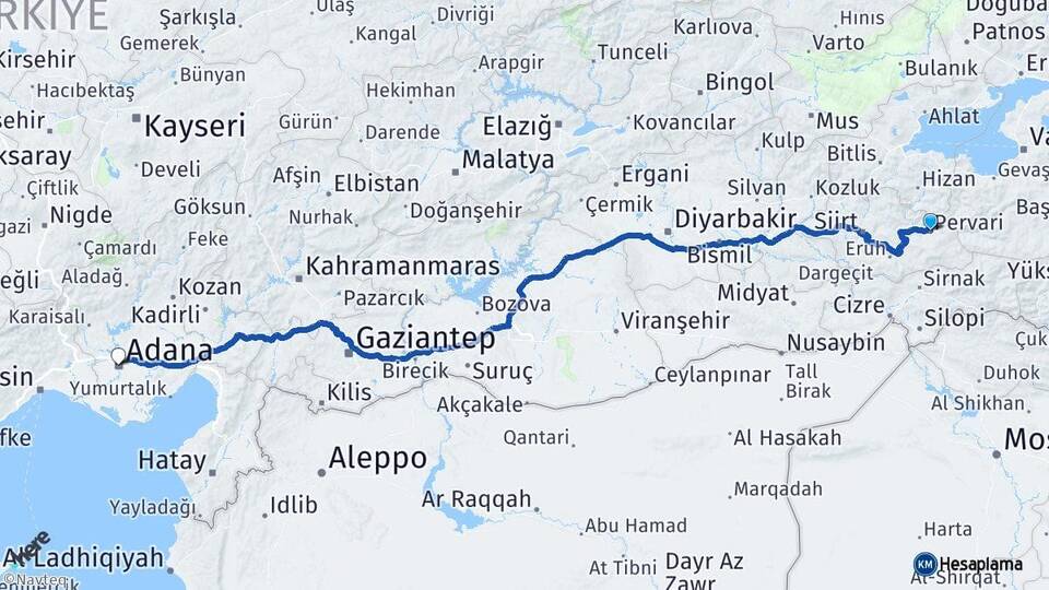 Siirt Pervari Adana Arası Kaç Km - Yol Haritası