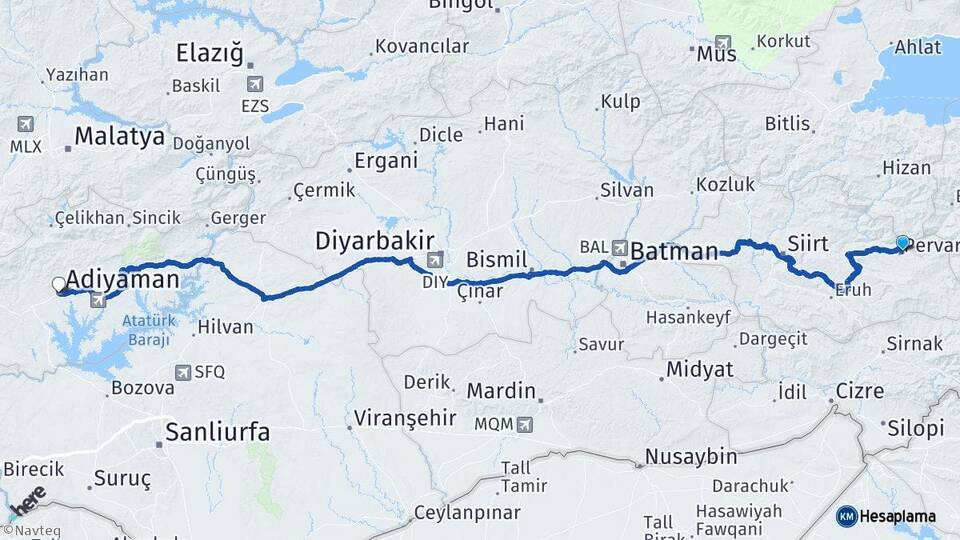 Siirt Pervari Adıyaman Arası Kaç Km - Yol Haritası