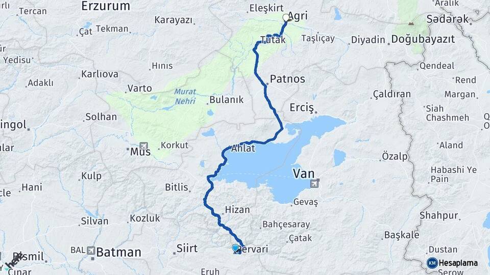 Siirt Pervari Ağrı Arası Kaç Km - Yol Haritası