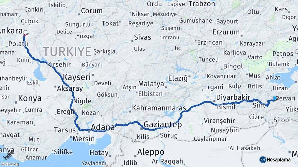 Siirt Pervari Ankara Arası Kaç Km - Yol Haritası