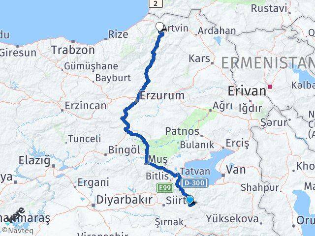 Siirt Pervari Artvin Arası Kaç Km - Yol Haritası