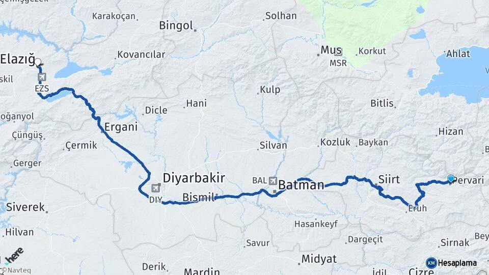 Siirt Pervari Elazığ Arası Kaç Km - Yol Haritası