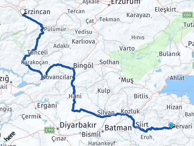 Siirt Pervari Erzincan Arası Kaç Km - Yol Haritası