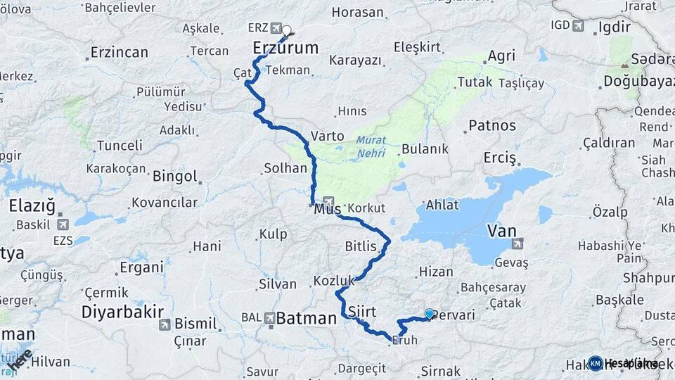 Siirt Pervari Erzurum Arası Kaç Km - Yol Haritası