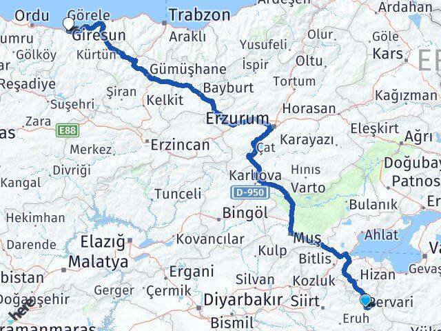 Siirt Pervari Giresun Arası Kaç Km - Yol Haritası