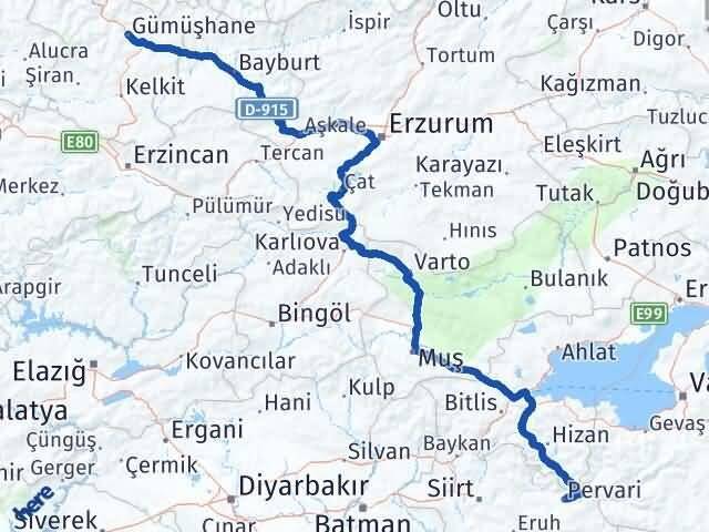 Siirt Pervari Gümüşhane Arası Kaç Km - Yol Haritası