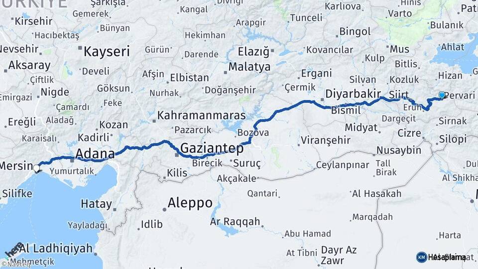 Siirt Pervari Mersin Arası Kaç Km - Yol Haritası