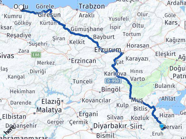 Siirt Pervari Ordu Arası Kaç Km - Yol Haritası